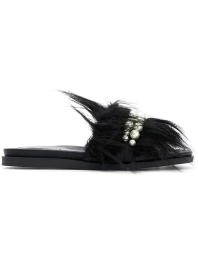 Simone Rocha Faux Pearl-embellished Faux Fur Slides In Black