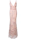 MARCHESA NOTTE FEATHER EMBROIDERED SLEEVELESS GOWN