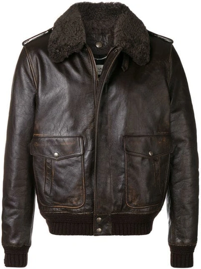 Saint Laurent Shearling Collar Leather Jacket In Brown