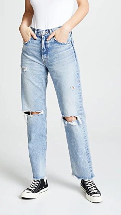 Moussy Vintage Odessa Distressed Wide Straight-leg Jeans In Blue