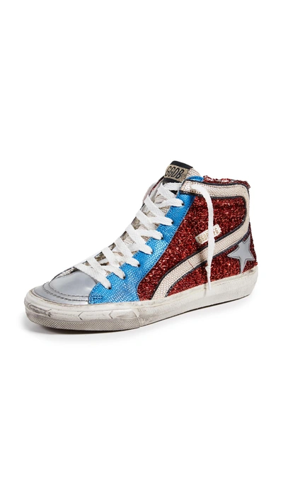 Golden Goose Slide Lurex And Leather Mid-top Trainers In Red