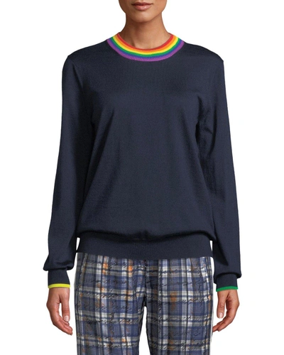 Burberry Dales Rainbow Trim Merino Wool Sweater In Navy