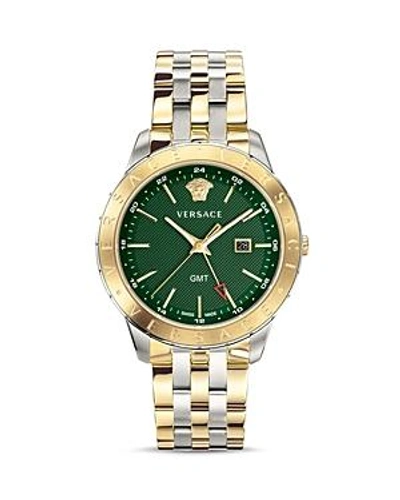 Versace Men's Univers 43mm Watch W/ Bracelet Strap, Two-tone/green In Silver/ Green/ Gold