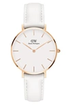 Daniel Wellington Classic Petite Leather Strap Watch, 32mm In White/ Rose Gold