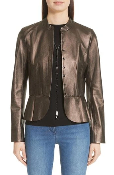 St John Pearlized Leather Peplum Jacket In Bronze