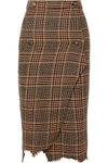 VETEMENTS DISTRESSED WOOL-TWEED WRAP MIDI SKIRT