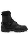 PRADA LOGO-EMBOSSED RUBBER AND NEOPRENE-TRIMMED LEATHER ANKLE BOOTS