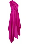 SOLACE LONDON SOLACE LONDON WOMAN MARINE ONE-SHOULDER ASYMMETRIC SATIN MIDI DRESS MAGENTA,3074457345618997575