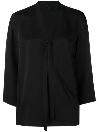 Theory Faux Wrap Silk Blouse In Black