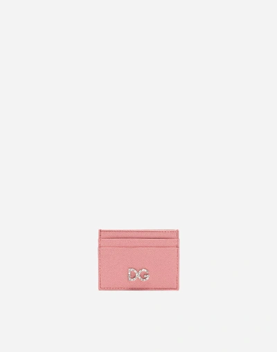 Dolce & Gabbana Dauphine Calfskin Card Holder With Dg Crystal Logo In Light Pink