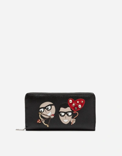 Dolce & Gabbana Zip-around Dauphine Calfskin Wallet With Patches Of The Designers In Black