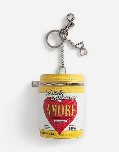 Dolce & Gabbana Amore Can Leather Keychain In Yellow