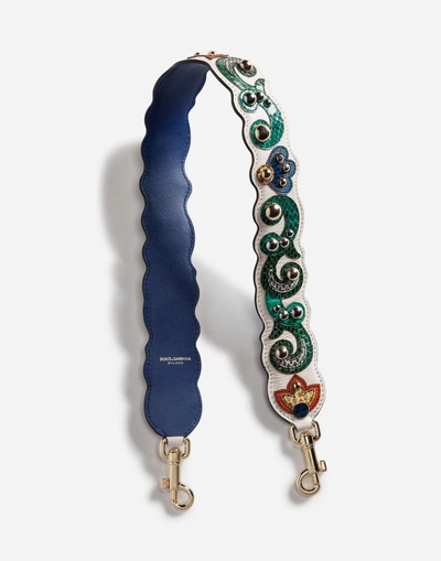 Dolce & Gabbana Leather Strap With Embroidered Appliqués In Multicolor