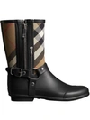BURBERRY BUCKLE AND STRAP DETAIL CHECK RAIN BOOTS