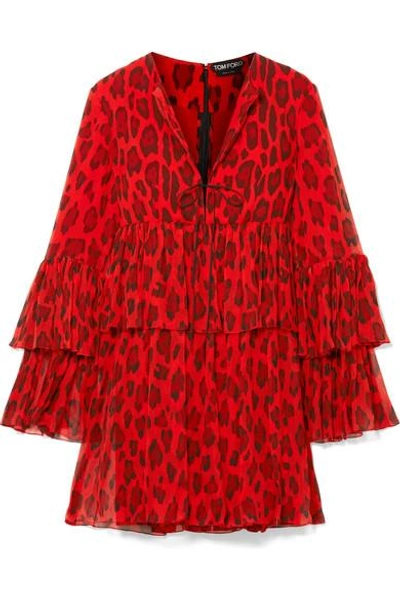 Tom Ford Tiered Leopard-print Silk-crepon Mini Dress In Red