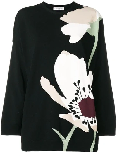 Valentino Crewneck Floral-intarsia Knit Pullover Jumper In Black
