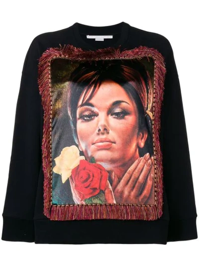 Stella Mccartney Fringed Printed Velvet-paneled French Cotton-terry Sweatshirt In Black