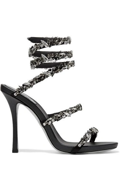 René Caovilla Cleo Ankle-wrap Crystal-embellished Satin Sandals In Black