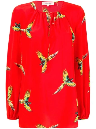 Diane Von Furstenberg Silk Bird-print Long-sleeve Blouse In Red