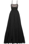 HERVE LEGER WOMAN ALYCE CHANTILLY LACE AND BANDAGE-PANELED GEORGETTE GOWN BLACK,GB 1188406768769670