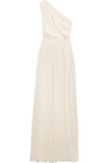 ELIE SAAB WOMAN ONE-SHOULDER LACE-PANELED DRAPED SILK-CREPE GOWN OFF-WHITE,GB 4230358016232952