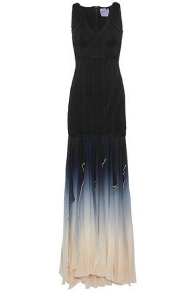 Herve Leger V-neck Sleeveless Bandage Evening Gown With Ombre Chiffon Skirt In Black Combo