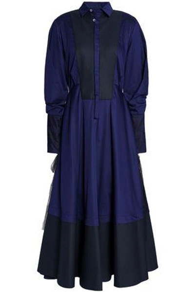 Amanda Wakeley Tulle-trimmed Cotton-poplin And Piqué Midi Shirtdress In Navy