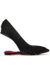 CHARLOTTE OLYMPIA CHARLOTTE OLYMPIA WOMAN TIP TOE FRINGED TEXTURED-SATIN PUMPS BLACK,3074457345619088327