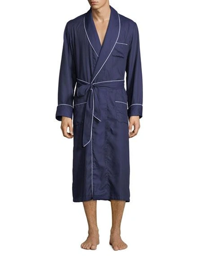 Derek Rose Lombard Piped Cotton-jacquard Robe In Navy