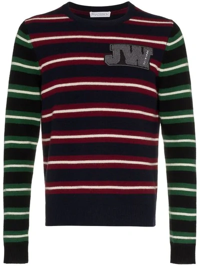 Jw Anderson Logo Patch Striped Wool Sweater In Blue,green,red