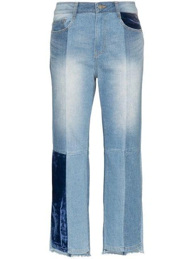 Sjyp Cropped Velvet-paneled High-rise Slim-leg Jeans In Blue