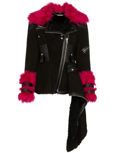 Alexander Mcqueen Asymmetric Leather-trimmed Shearling Jacket In Black/orchid