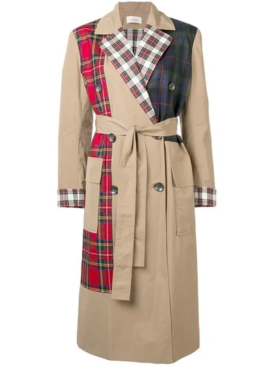 Isa Arfen Cotton Canvas & Wool Plaid Trench Coat In Stone White Red