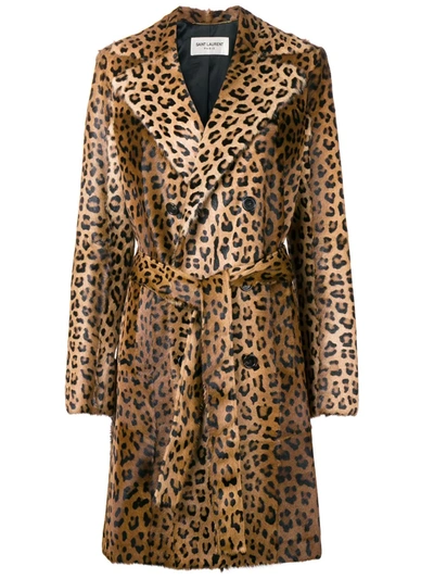 Saint Laurent Leopard Print Rabbit Fur Coat In Brown