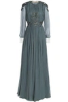 VALENTINO WOMAN OPEN-BACK EMBELLISHED SILK-VOILE GOWN GREY GREEN,GB 6200568457321491