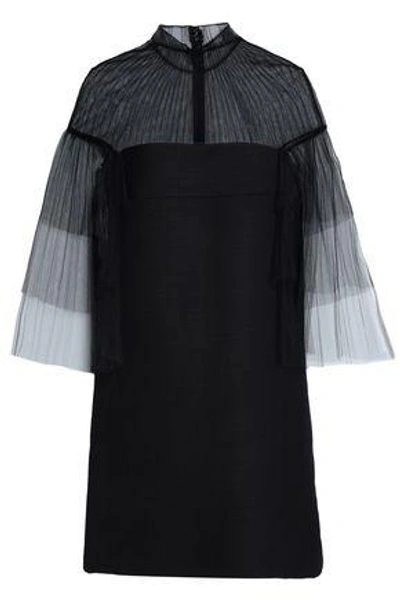 Valentino Woman Pleated Tulle And Wool-blend Twill Mini Dress Black