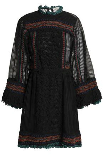 Valentino Paneled Fringe-trimmed Knitted Mini Dress In Black