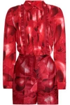 VALENTINO LEATHER-TRIMMED PRINTED SILK-CREPE AND JACQUARD PLAYSUIT,3074457345619102651
