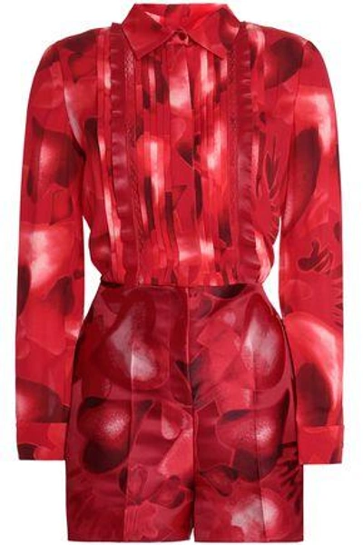 Valentino Leather-trimmed Printed Silk-crepe And Jacquard Playsuit In Red