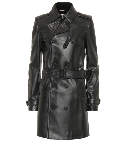 Saint Laurent Double-breasted Leather Trench Coat In Black