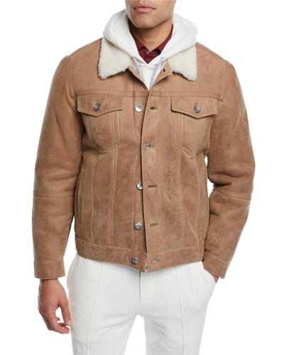 Brunello Cucinelli Men's Shearling Fur-lined Leather Trucker Jacket In Medium Beige