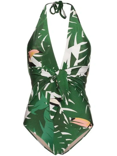 Adriana Degreas Specialorder-geometric Foliage Halter Neck Swimsuit-ac In Green