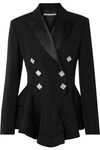 ALESSANDRA RICH CRYSTAL-EMBELLISHED SATIN-TRIMMED WOOL-CREPE PEPLUM BLAZER