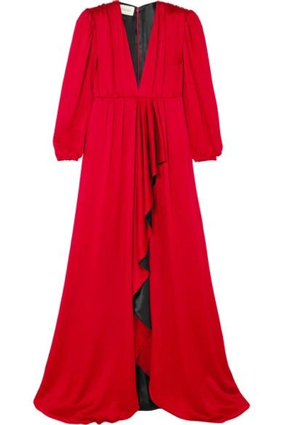 Gucci V-neck Hammered Matte Satin Draped Wrap Evening Gown In Red
