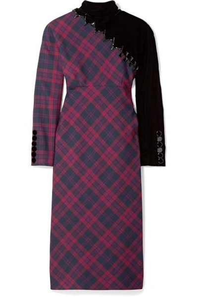 Marc Jacobs Embellished Tartan Wool And Velvet Midi Dress In Fuchsia Multi