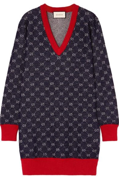 Gucci V-neck Long-sleeve Gg-jacquard Wool-alpaca Sweater Top In Blue