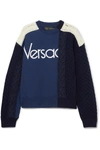 VERSACE PANELED CABLE-KNIT WOOL AND COTTON-JERSEY SWEATER