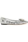 DOLCE & GABBANA WOMAN CRYSTAL-EMBELLISHED SEQUINED LEATHER POINT-TOE FLATS SILVER,AU 14693524283670497