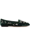 DOLCE & GABBANA WOMAN GROSGRAIN-TRIMMED EMBELLISHED VELVET SLIPPERS DARK GREEN,AU 14693524283778755