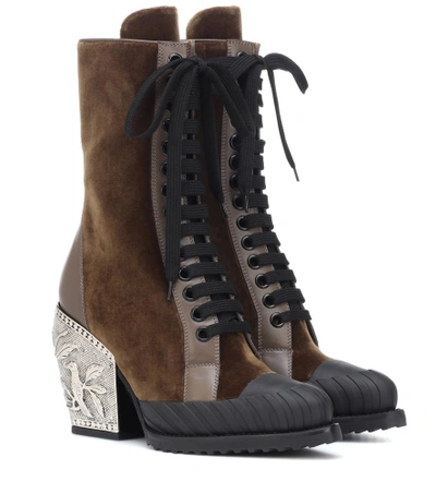 Chloé Brown Rylee 90 Baroque Velvet Lace Up Boots In Green
